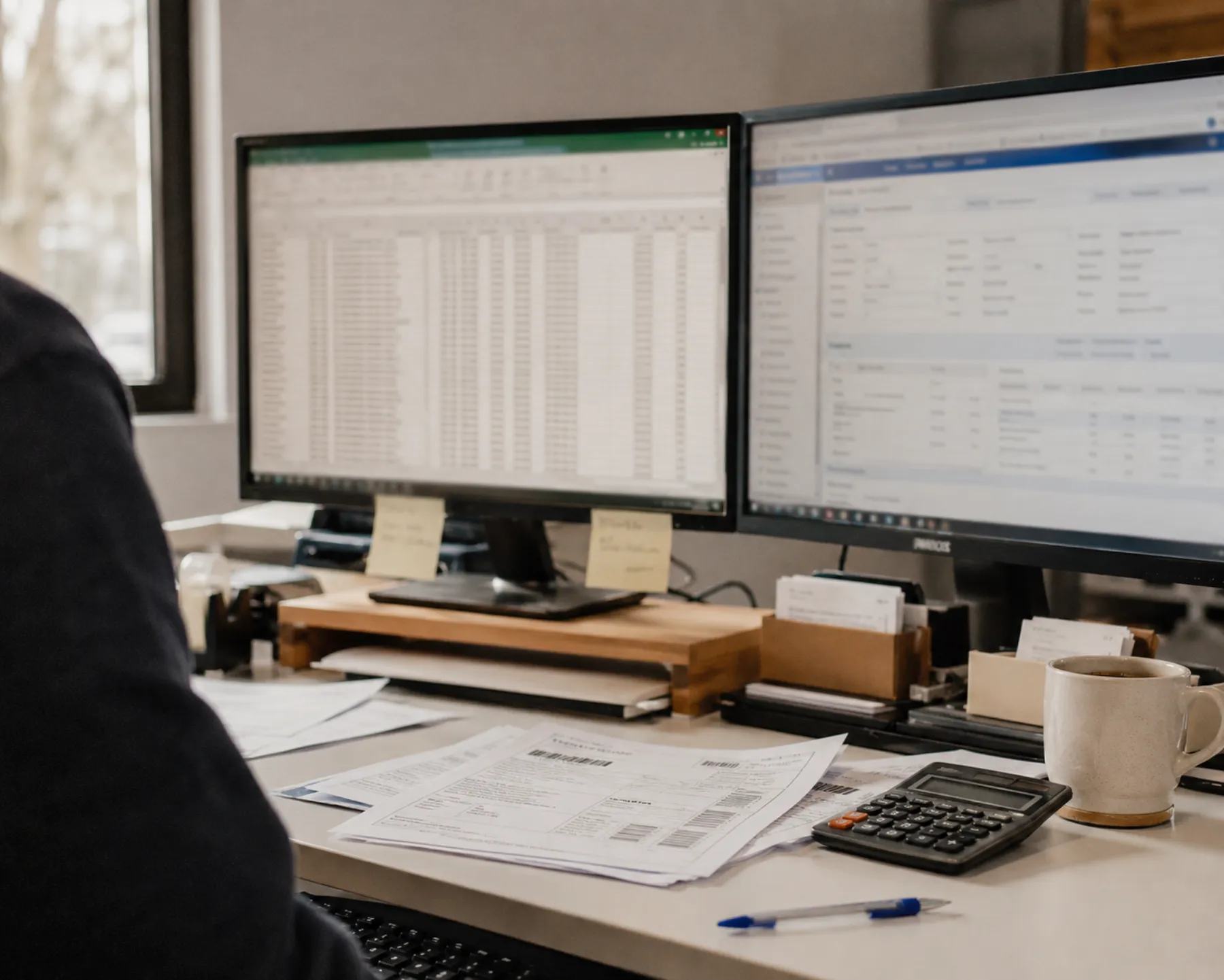 Poste de travail administratif : un tableur et un logiciel de gestion ouverts côte à côte, papiers et calculatrice sur le bureau