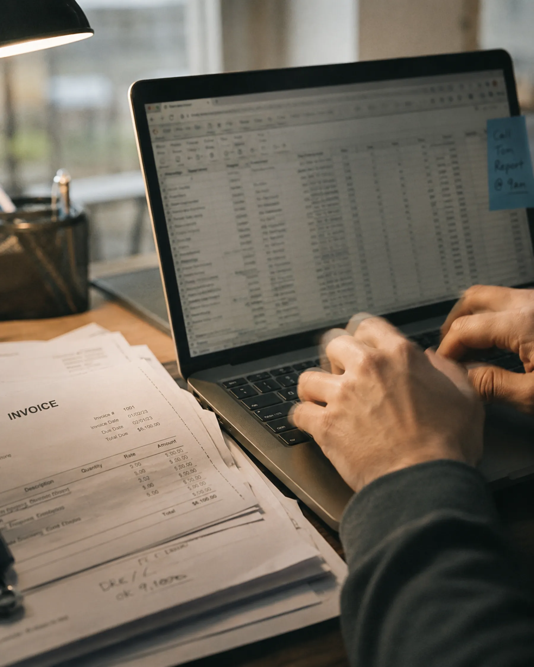 Mains sur un clavier devant un tableur, factures papier à côté